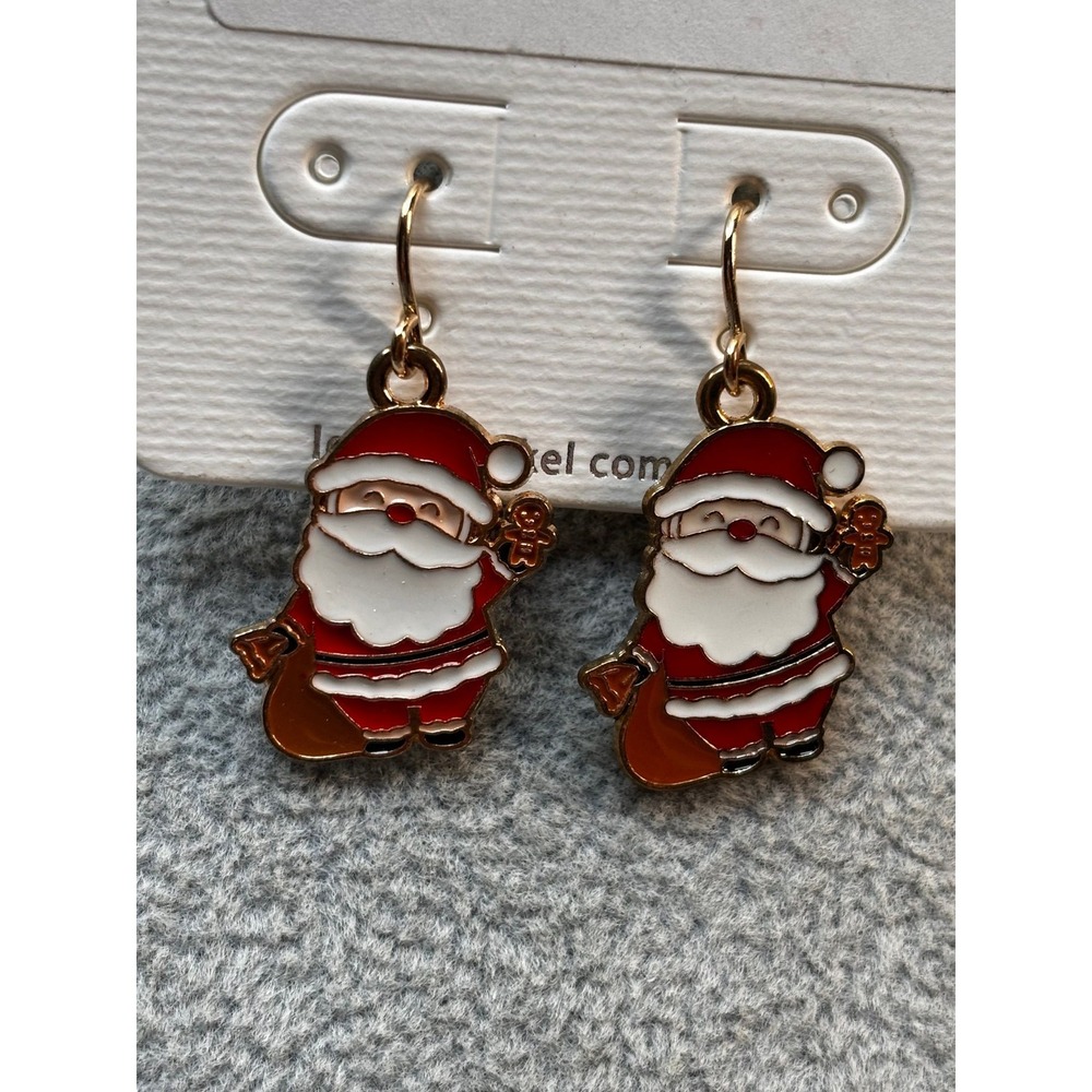 #47. Santa Claus Enamel Dangle Earrings Gold Tone Christmas Holiday